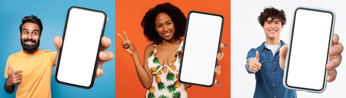 A diverse group of individuals standing together, holding up a smartphone with a blank screen in front of them. They appear engaged and focused on the device, mockup photo