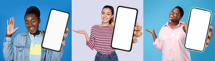 A focused group of multiethnic ladies standing closely together, each holding up a blank screen in front of them, mockup, copy space photo