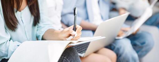 Unrecognizable Student Girl Preparring For Classes, Writing In Workbook, Taking Notes, Cropped Image, Closeup photo