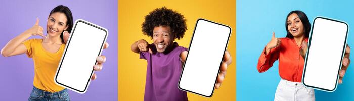 Cheerful multiethnic millennials standing together, holding a phone with a blank screen. They appear to be looking at the device, possibly discussing or interacting with its content. photo