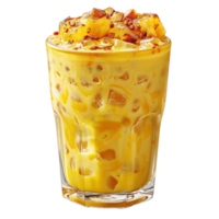 Fresh mango or corn juice with ice cube in plastic glass object clip art and element png