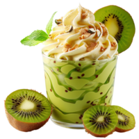 Kiwi trifle with whipped cream and vanilla ice cream with slices and currant topping in glass. Clip art and element png