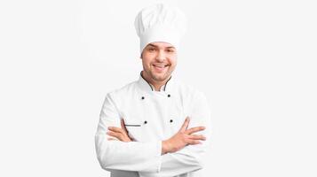 Smiling Chef Man Standing Crossing Hands Looking At Camera Over White Background In Studio. Panorama photo