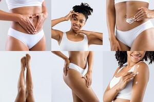 This image shows a collage of black woman applying body lotion to different parts of her body, smiling and appears happy with the product, wearing white underwear and a white tank top. photo