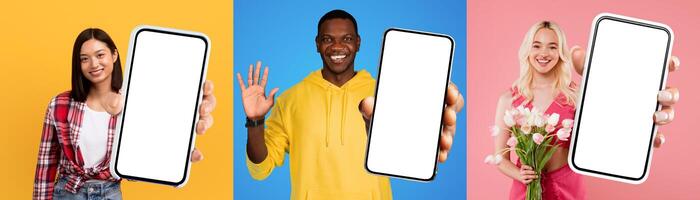 A diverse group of young people standing together, each holding a blank screen. The background is vibrant and colorful, adding a lively atmosphere to the scene. photo