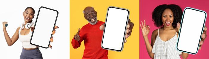 Group of black people are seen collectively raising a smartphone that displays a blank screen. Their faces are focused on the device, possibly engaged in a shared activity or communication. photo