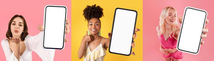 A group of multiethnic women are standing together, each holding up a blank phone screen towards the camera. The women are positioned in front of backgrounds, creating a striking visual contrast. photo
