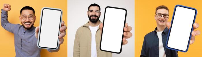 A group of multiethnic men standing together, each holding up a blank smartphone in their hand. The smartphones are all facing towards the camera photo
