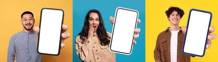 A diverse group of people are seen holding up a smartphone that displays a blank screen. Their hands are raised towards the device as they engage with it photo