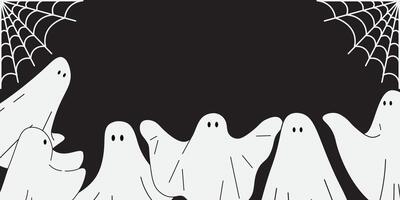 halloween banner with ghosts and cobweb on black background vector