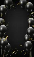 Black glossy balloons frame with golden confetti on black background. Realistic black balloons for design vector