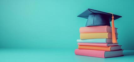 A graduation cap with a tassel sits on a pile of colorful stacked books, creating a vibrant educational theme on a teal backdrop. photo