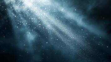 Soft beams of light emerge through a dark, misty background, creating an enchanting atmosphere filled with sparkling particles, evoking a sense of wonder and mystery in the ambient space. photo