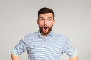 Astonishment and shock. Surprised man with shocked look on studio background, panorama photo