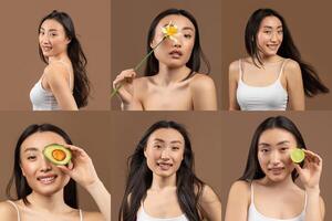 This image features a young Chinese woman with long black hair posing in a studio setting. She is shown in six different poses, each with a different fruit or flower. photo