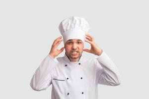 Culinary Fail. Angry Chef Cook Man Gesturing With Hands Looking At Camera Standing On White Background. Studio Shot, Panorama photo