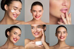 This image shows a young woman applying face cream and lip gloss as part of a beauty routine. She is smiling and appears happy with the results. The image is divided into six panels photo