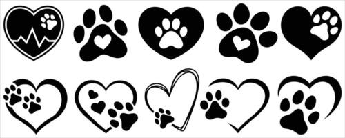 Set of dog's paws, hearts with dogs paws, hearts icon of dogs paws on a white background vector