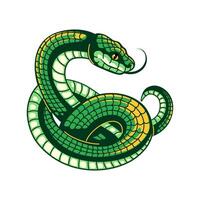 Green snake. Curve cartoon python or anaconda with scaly skin. Cute cunning asp illustration for serpent design. vector