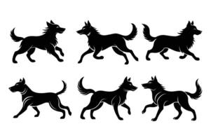 Black silhouettes of dogs running in different positions vector