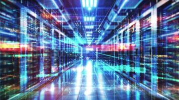 Animated server room with digital data stream video