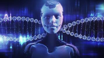 Animation of an AI digital avatar against the background of a DNA chain. video