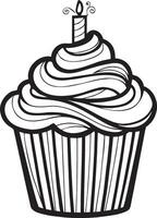 A black and white drawing of a cupcake with a candle vector