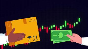 Two hands are holding money and a box with a stock chart video