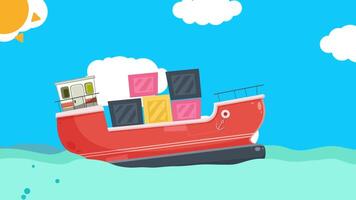A red boat with a bunch of boxes on it video