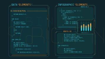 Windows of a futuristic interface with code. video