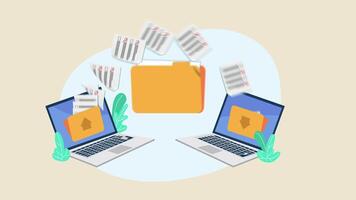 Two laptops with paper files flying out of them video
