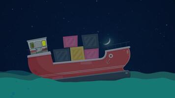 A red boat with stacks of boxes on it video