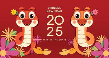 2025 Chinese New Year, Year of the Snake poster with zodiac snake character design. Cute little snakes with flowers. vector