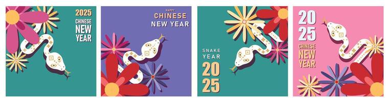 Set of 2025 Chinese new year, year of the snake template design with white snakes and beautiful flowers background vector