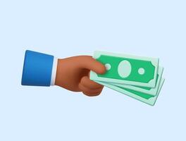 3d Cartoon hand of businessman holds banknotes. vector