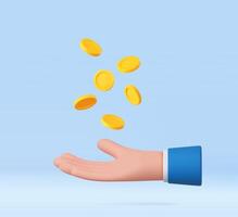 3d hand with coins flying. vector
