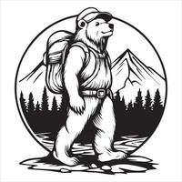design of an explorer Bear hiking in the mountains with a backpack and hat inside a Design, simple line art drawing, white background vector