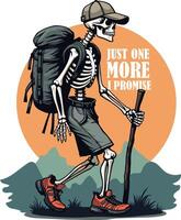 Skeleton hiking mountain, skeleton with hiking bag, cap, stick, and shoes, illustration for graphics resource, t-shirt design, Mountain lover, mountain hiking, mountain t-shirt, travel lover, tourist vector
