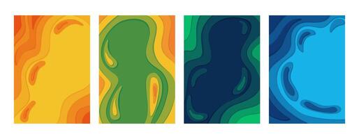Set of Topographic abstract chromatic backgrounds with curve lines in paper cut technique. Vertical banners with copy space. Colorful carving art for maps. vector