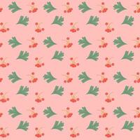 Autumn seamless pattern with botanical elements. Red berries and green leaves on pink background. Cute print design for kids textile vector
