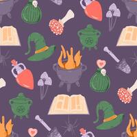 Witchy Halloween seamless pattern with hand drawn related elements. Cauldron, witch hat, poison, fungus, book . Cute print design for Halloween on dark background. Good for kids textile, wrapping vector