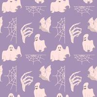 Creepy Halloween seamless pattern with hand drawn related elements. Scary ghost and spider web. Graphic print design for Halloween on dark background. Ideal for kids textile, wrapping paper vector