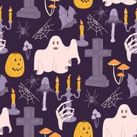 Creepy and Fun Halloween seamless pattern with hand drawn related elements. Scary ghost, tomb, spider web, jack o lantern . Cute print design for Halloween on dark background vector