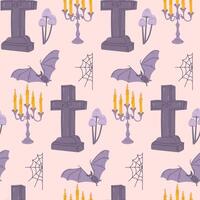 Bizarre Halloween seamless pattern with hand drawn related elements. Tomb, bat, fungus, candle holder and spider web. Graphic print design for Halloween on light background. Ideal for kids textile vector