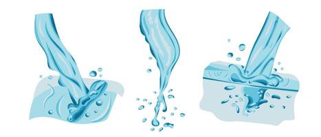 Set of water pouring flow in realistic hand drawn style. Splashes of water or other liquid. Waves and drops movement vector