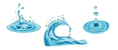 Collection of water splashes in realistic hand drawn style. Splashes of water or other liquid. Waves and drops movement. Illustration isolated on white background vector