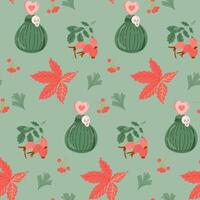 Halloween seamless pattern with potion and red leaves and berries. Love potion, red ivy leaf, rosehip branch. Cute print design for Halloween on green background. Good for kids textile, wrapping vector