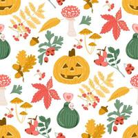Warm and cozy Halloween seamless pattern with hand drawn related elements. Jack o lantern, poison, autumn leaves and fungus. Cute print design for Halloween on white background vector
