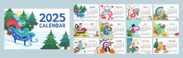2025 calendar with cute snake illustrations for each month. 12 horizontal pages with Chinese New Year symbol. Colorful and playful snake characters representing different seasons and holidays. vector