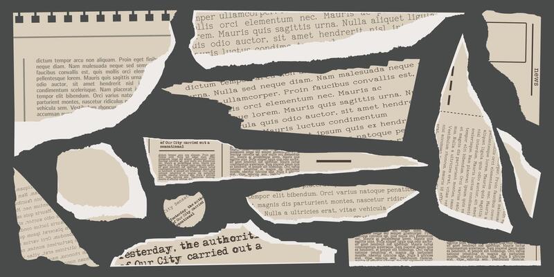 Collage Set elements for scrapbook. Trendy retro vintage paper cut, newspaper, notebook sheet. Old rip torn paper collection. Craft retro gazettes, grunge papers collection. illustration